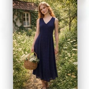 J. Jill Navy Blue Embroidered Sleeveless Rayon‎ Minimalist Maxi Slip Dress Small
